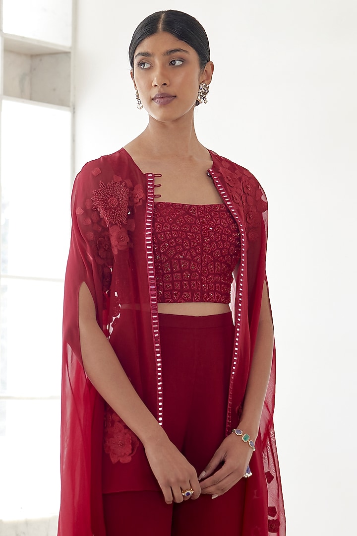 Red Organza Embroidered Cape Set by Mishru at Pernia's Pop Up Shop