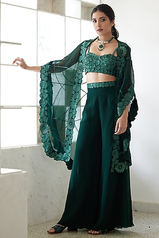 Deep Green Organza Cape Set by Mishru