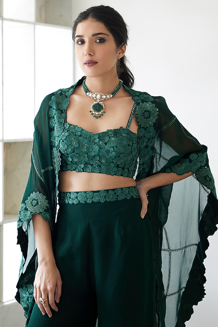 Deep Green Organza Cape Set by Mishru at Pernia's Pop Up Shop