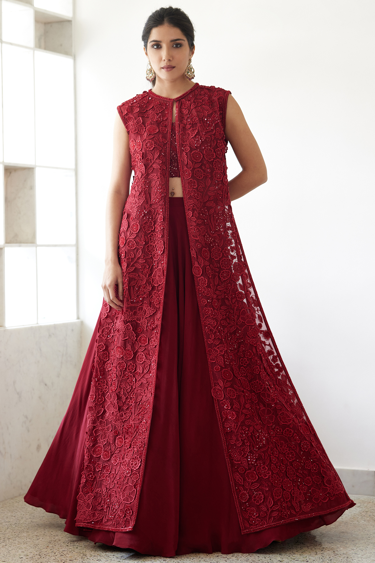 Red Organza Embroidered Jacket Bridal Lehenga Set by Mishru at Pernia's Pop Up Shop
