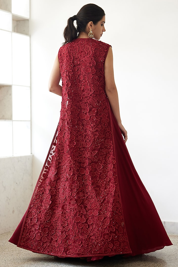 Red Organza Embroidered Jacket Bridal Lehenga Set by Mishru at Pernia's Pop Up Shop
