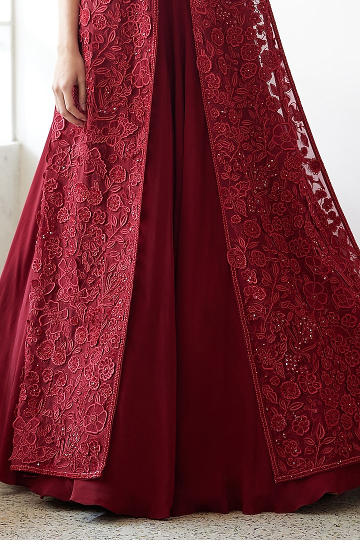 Red Organza Embroidered Jacket Bridal Lehenga Set by Mishru at Pernia's Pop Up Shop