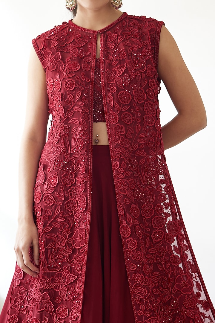 Red Organza Embroidered Jacket Bridal Lehenga Set by Mishru at Pernia's Pop Up Shop