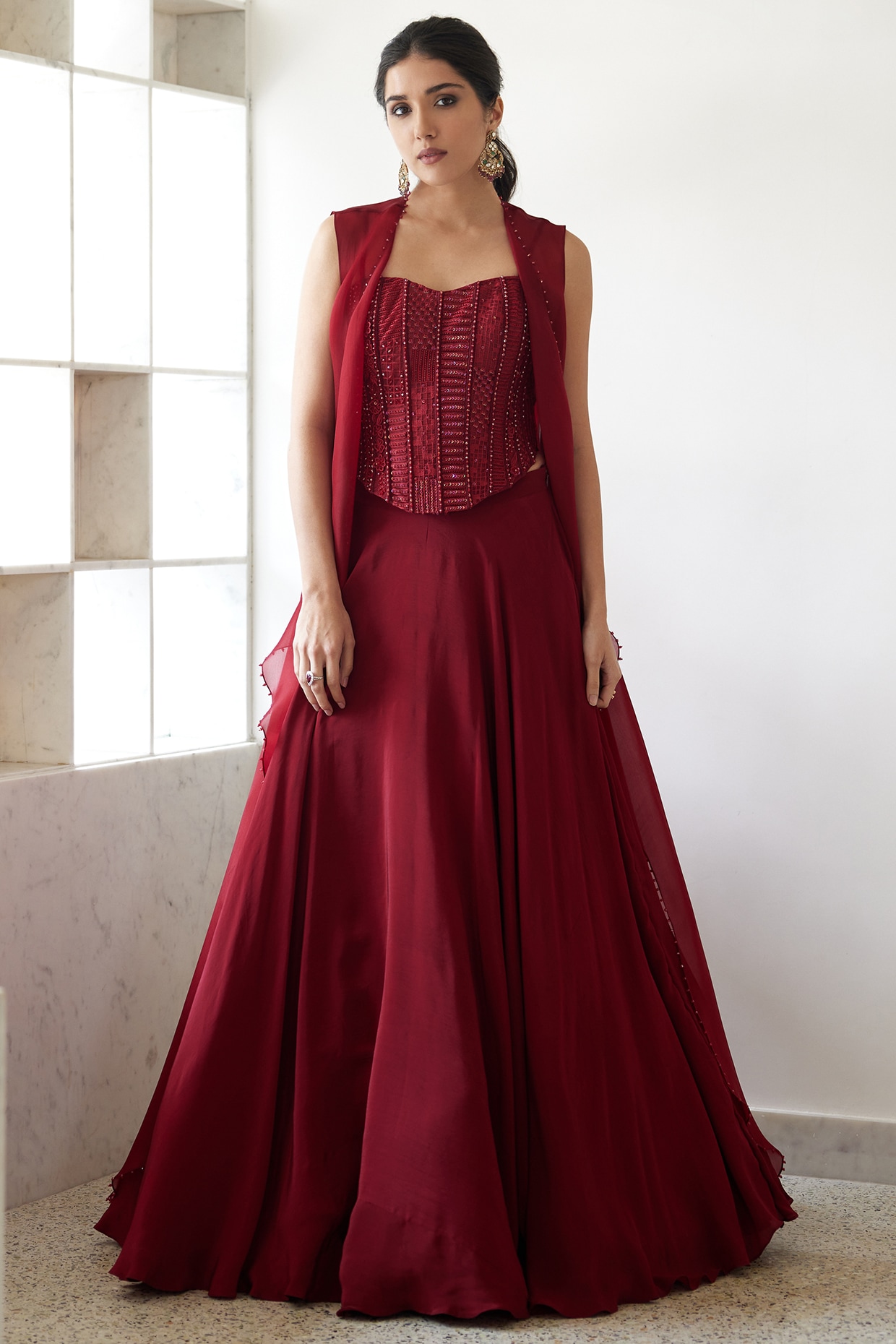 Red Organza Jacket Wedding Lehenga Set by Mishru at Pernia's Pop
