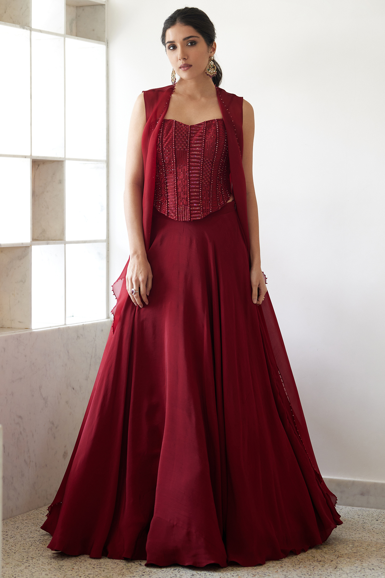 Red Organza Jacket Bridal Lehenga Set by Mishru at Pernia's Pop Up Shop