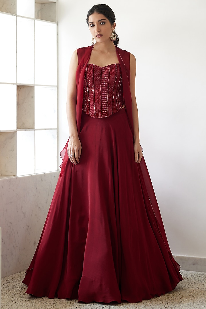 Red Organza Jacket Bridal Lehenga Set by Mishru at Pernia's Pop Up Shop