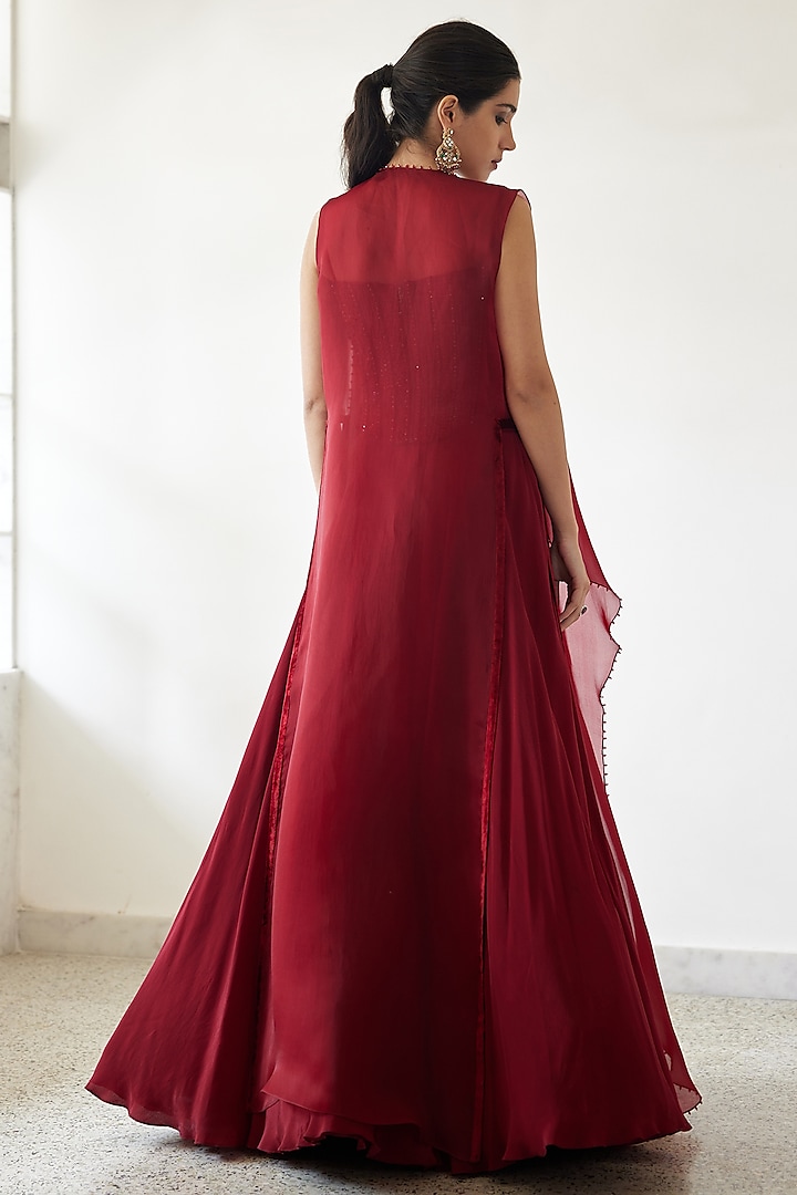 Red Organza Jacket Bridal Lehenga Set by Mishru at Pernia's Pop Up Shop