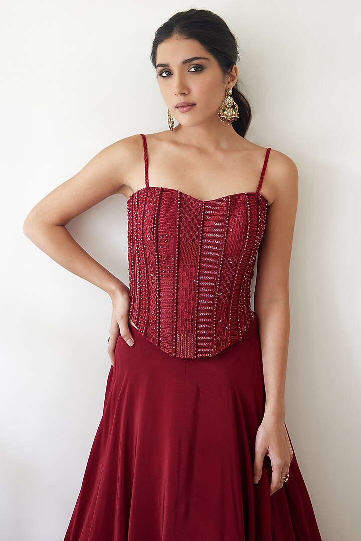 Red Organza Jacket Bridal Lehenga Set by Mishru at Pernia's Pop Up Shop
