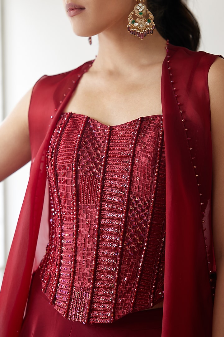Red Organza Jacket Bridal Lehenga Set by Mishru at Pernia's Pop Up Shop