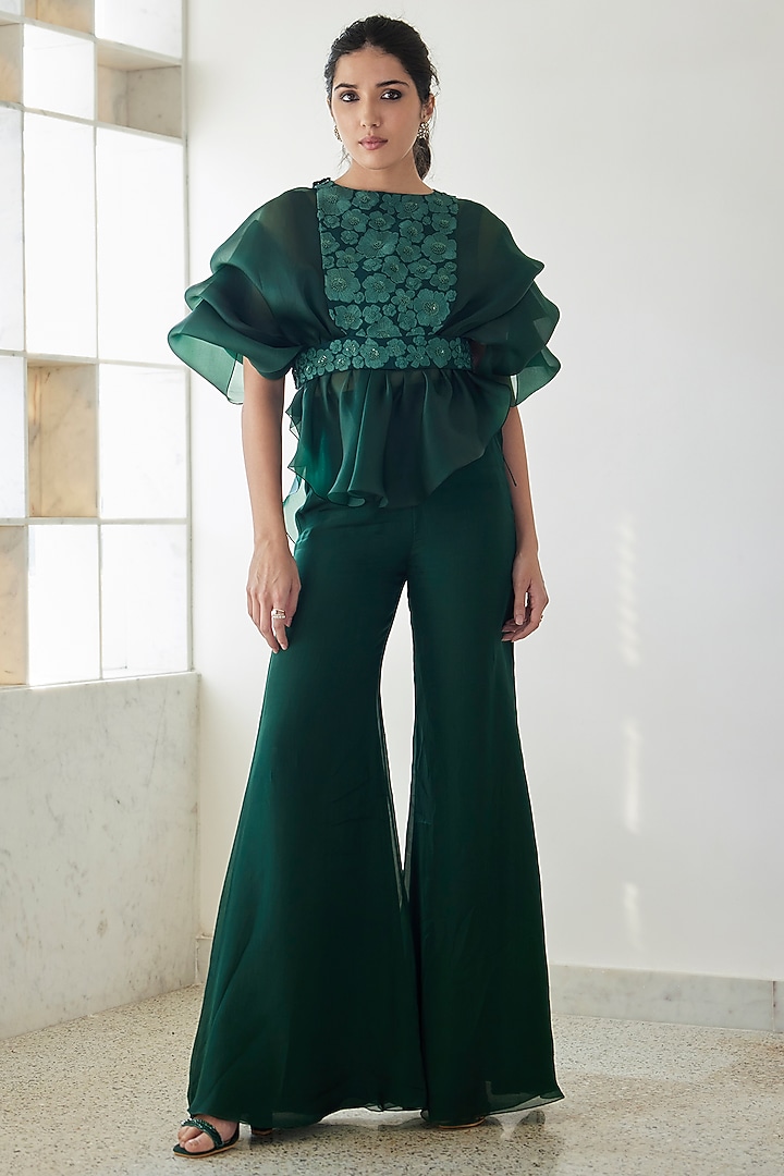 Dark Green Organza Pant Set by Mishru at Pernia's Pop Up Shop