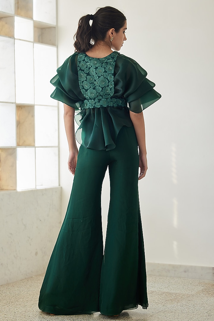 Dark Green Organza Pant Set by Mishru at Pernia's Pop Up Shop
