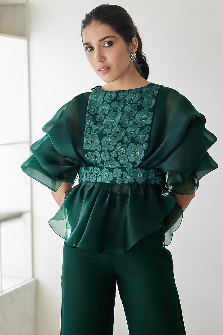 Dark Green Organza Pant Set by Mishru at Pernia's Pop Up Shop