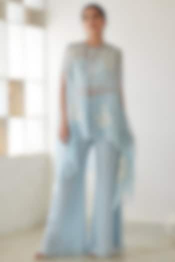 Cloudy Blue Organza Embroidered Cape Set by Mishru at Pernia's Pop Up Shop