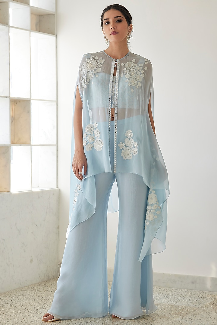 Cloudy Blue Organza Embroidered Cape Set by Mishru at Pernia's Pop Up Shop