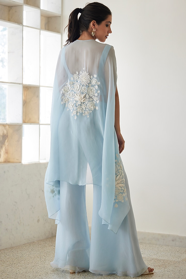 Cloudy Blue Organza Embroidered Cape Set by Mishru at Pernia's Pop Up Shop