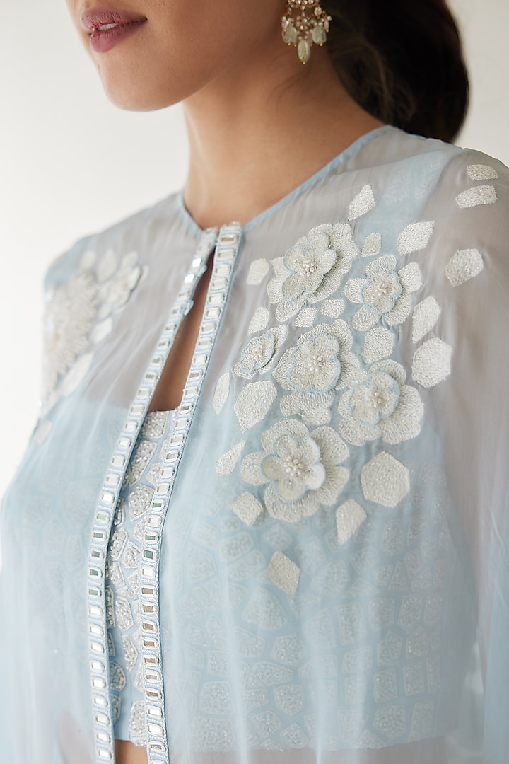 Cloudy Blue Organza Embroidered Cape Set by Mishru at Pernia's Pop Up Shop