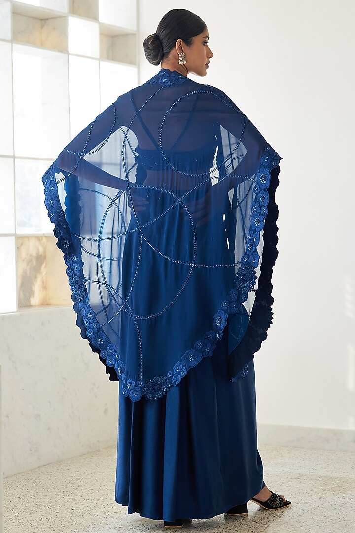 Navy Blue Organza Cape Set by Mishru at Pernia's Pop Up Shop