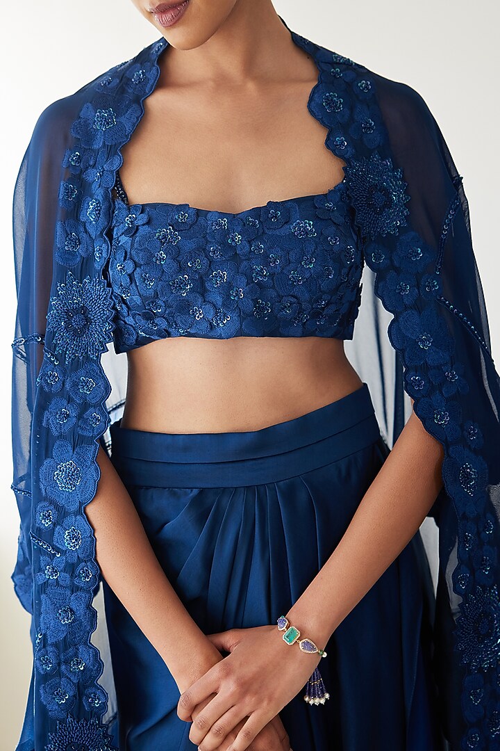 Navy Blue Organza Cape Set by Mishru at Pernia's Pop Up Shop