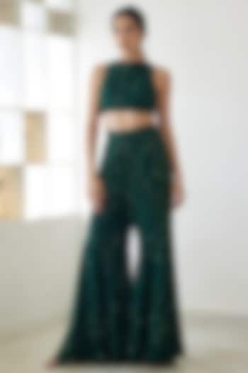 Dark Green Organza Embroidered Pant Set by Mishru at Pernia's Pop Up Shop