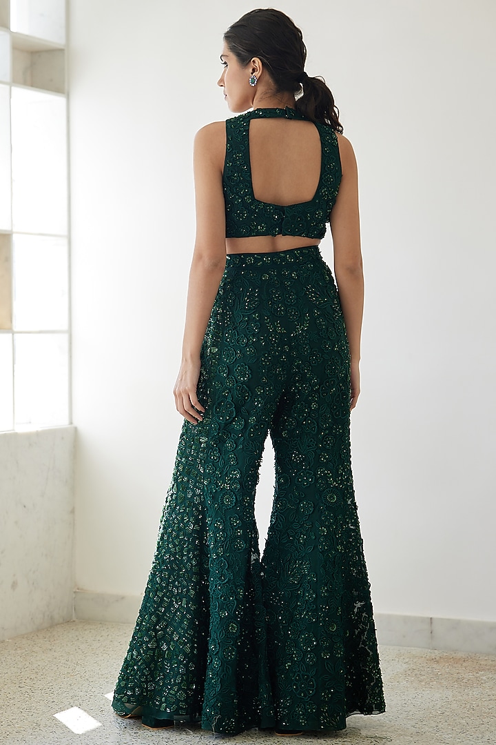 Dark Green Organza Embroidered Pant Set by Mishru at Pernia's Pop Up Shop