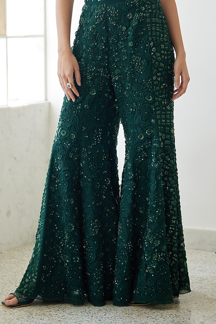Dark Green Organza Embroidered Pant Set by Mishru at Pernia's Pop Up Shop