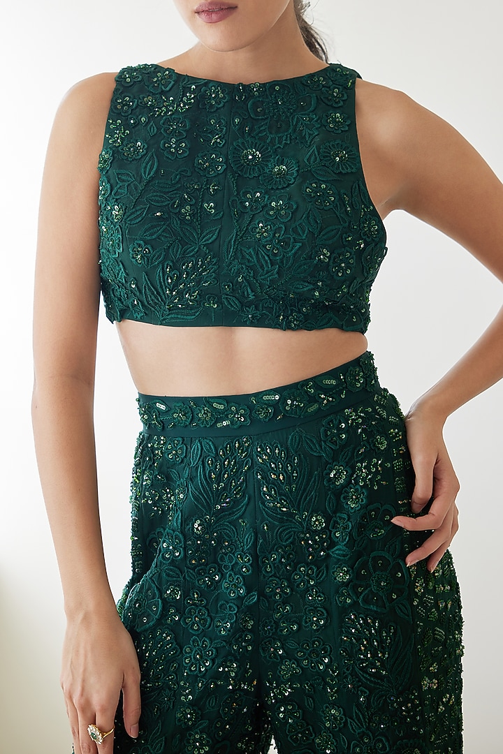 Dark Green Organza Embroidered Pant Set by Mishru at Pernia's Pop Up Shop