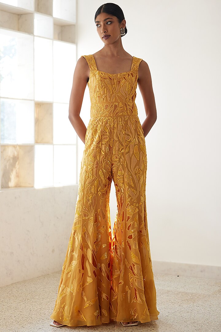 Yellow Organza Embroidered Jumpsuit by Mishru