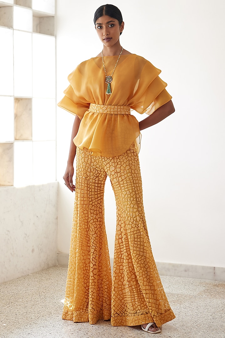 Yellow Soft Tulle Embroidered Pant Set by Mishru