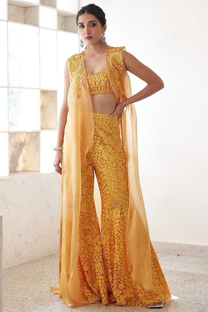 Yellow Soft Tulle Embroidered Jacket Set by Mishru at Pernia's Pop Up Shop