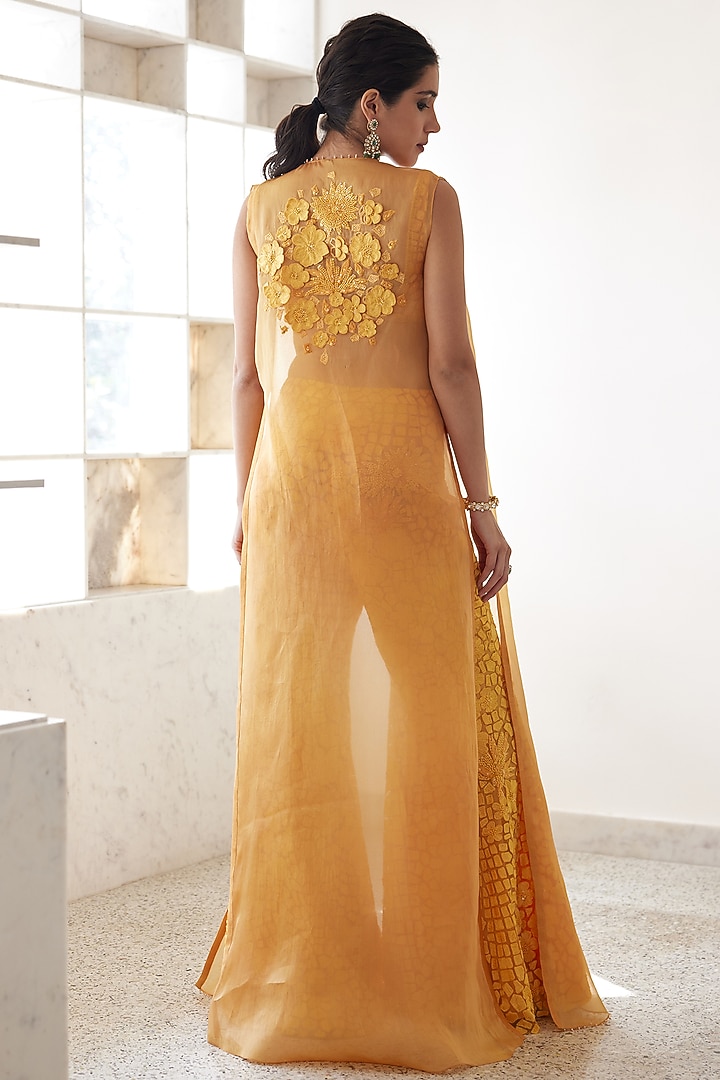 Yellow Soft Tulle Embroidered Jacket Set by Mishru at Pernia's Pop Up Shop