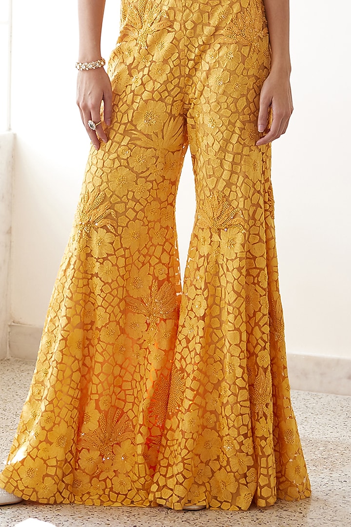Yellow Soft Tulle Embroidered Jacket Set by Mishru at Pernia's Pop Up Shop