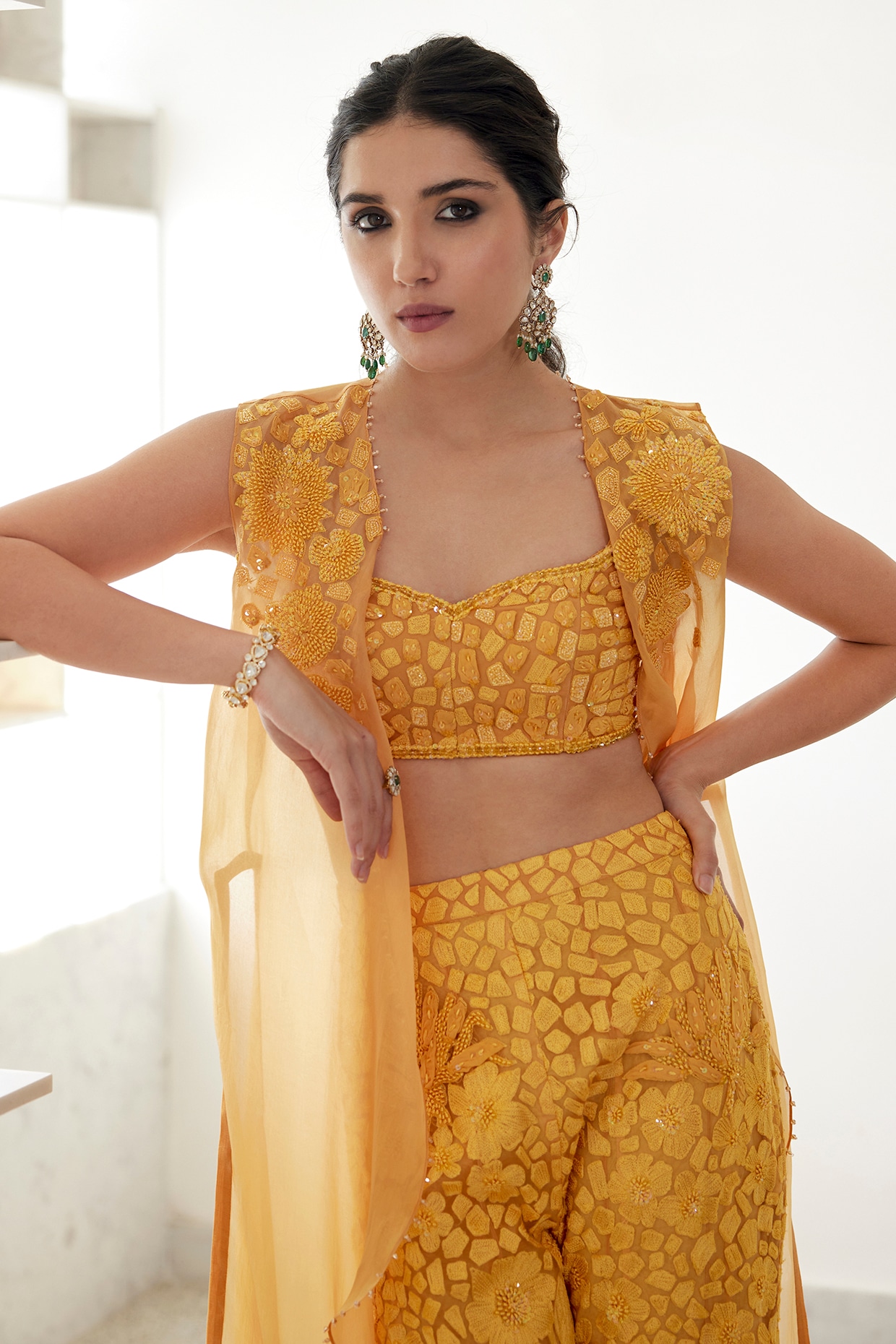Yellow Soft Tulle Embroidered Jacket Set by Mishru at