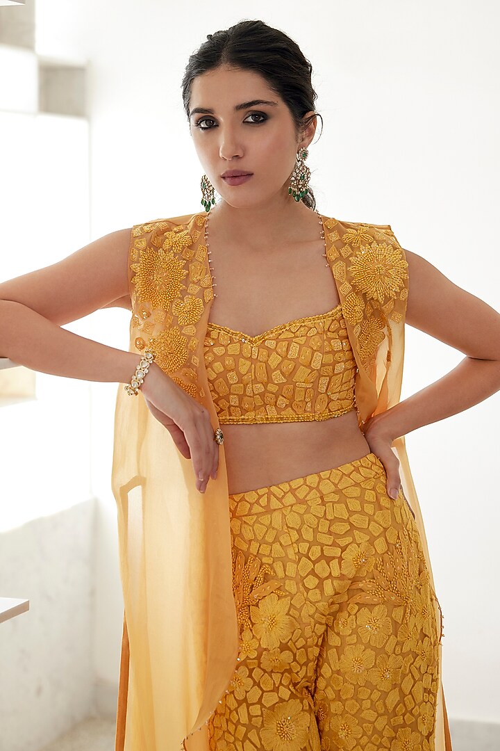 Yellow Soft Tulle Embroidered Jacket Set by Mishru at Pernia's Pop Up Shop