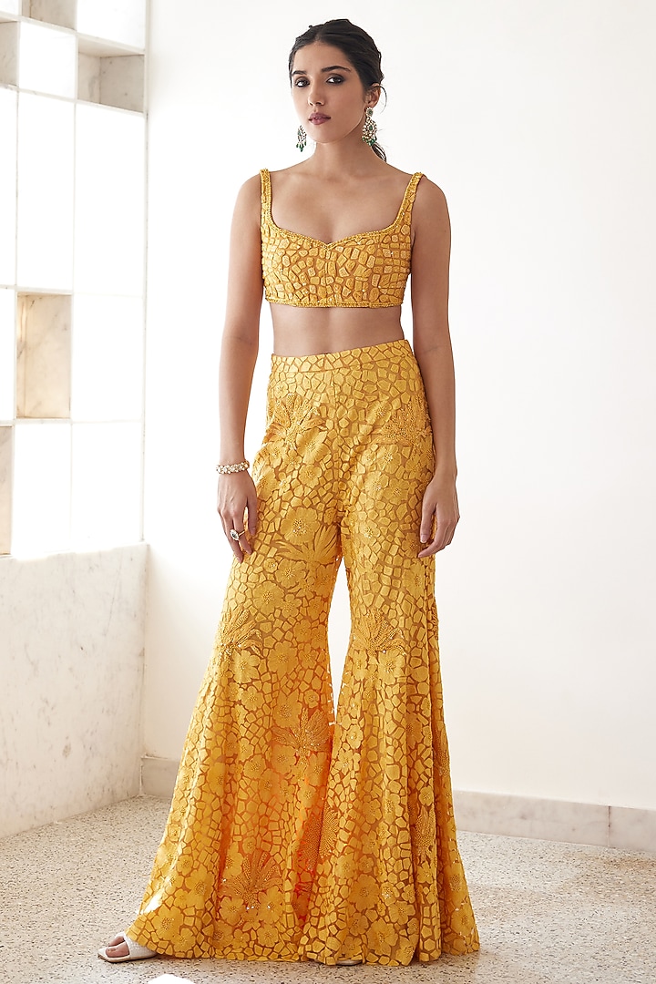 Yellow Soft Tulle Embroidered Jacket Set by Mishru at Pernia's Pop Up Shop