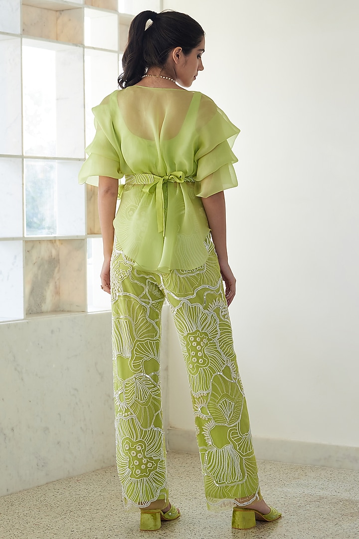 Lime Green Soft Tulle Embroidered Pant Set by Mishru at Pernia's Pop Up Shop