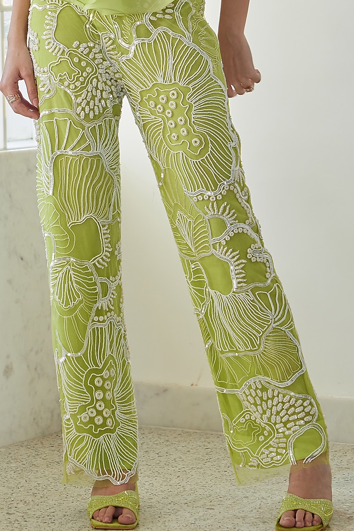 Lime Green Soft Tulle Embroidered Pant Set by Mishru at Pernia's Pop Up Shop