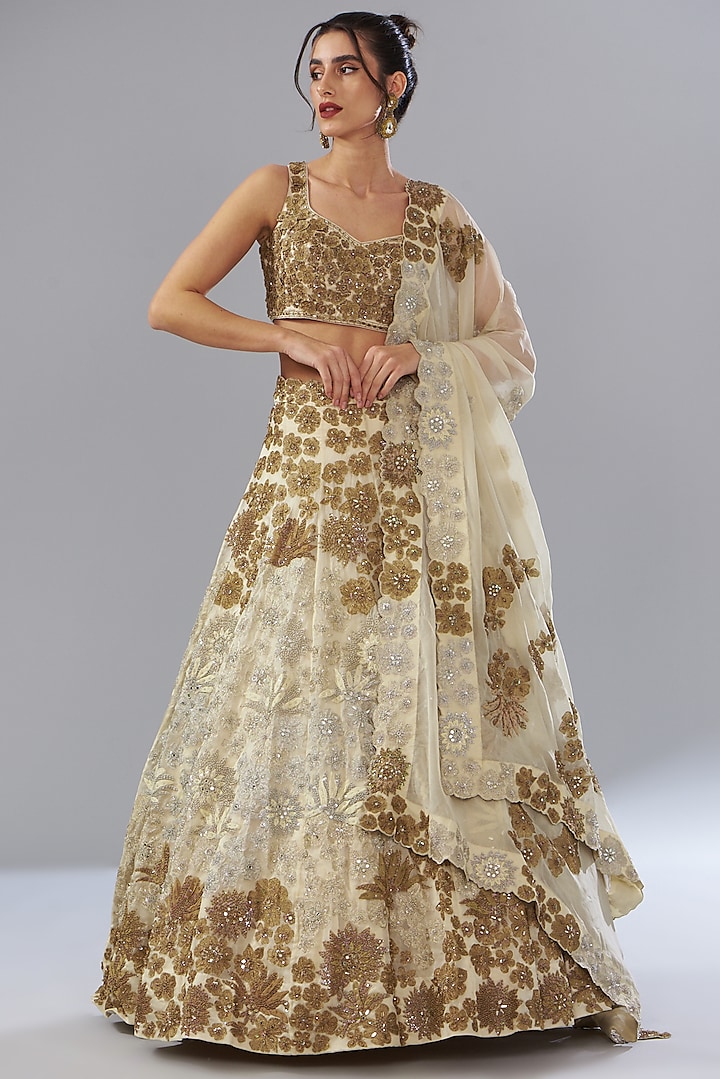 Gold Organza & Chanderi Embroidered Bridal Lehenga Set by Mishru at Pernia's Pop Up Shop