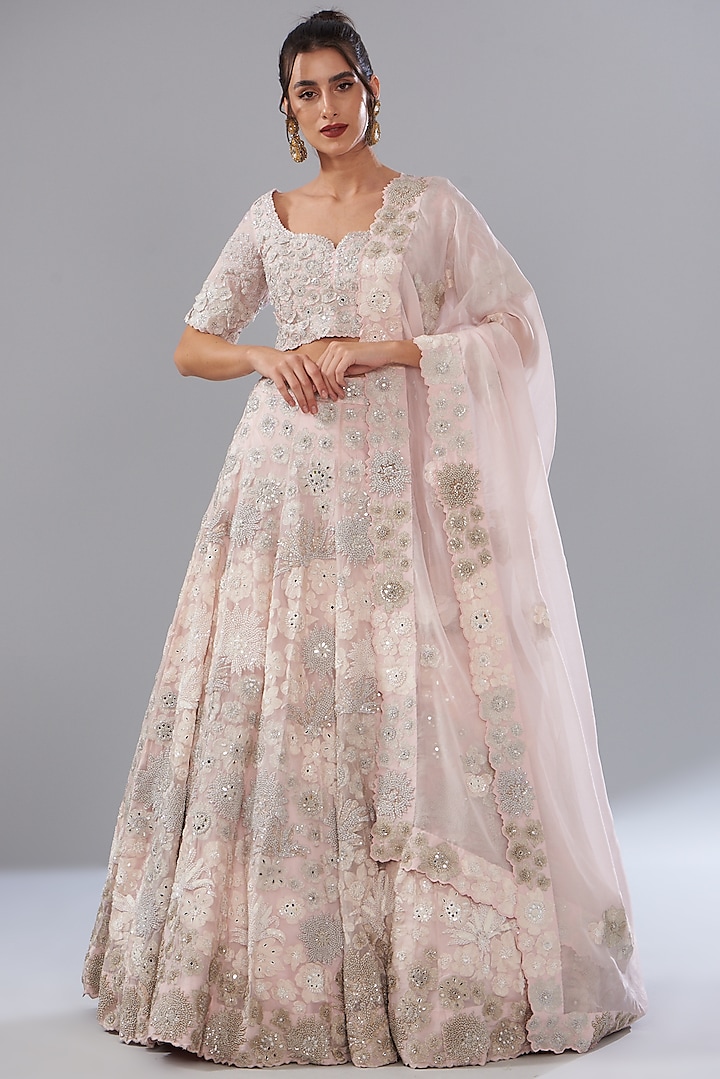 Baby Pink Organza & Chanderi Embroidered Bridal Lehenga Set by Mishru at Pernia's Pop Up Shop
