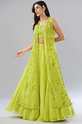 Green Organza Embroidered Jacket Set by Mishru