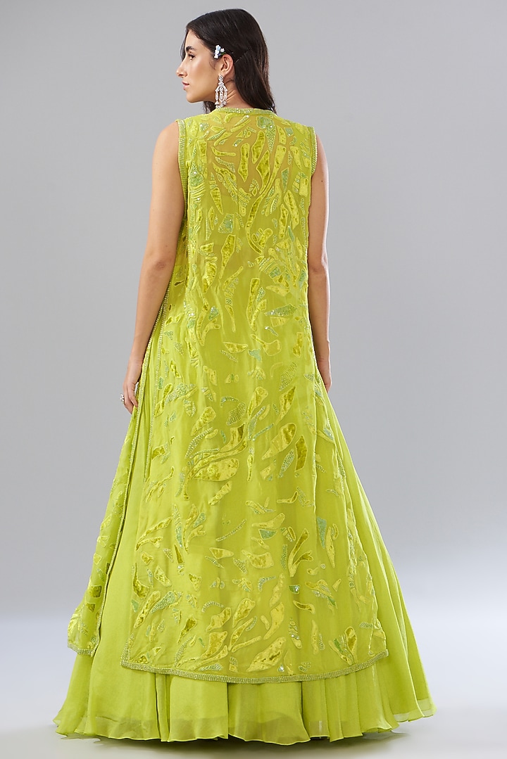 Green Organza Embroidered Jacket Set by Mishru at Pernia's Pop Up Shop