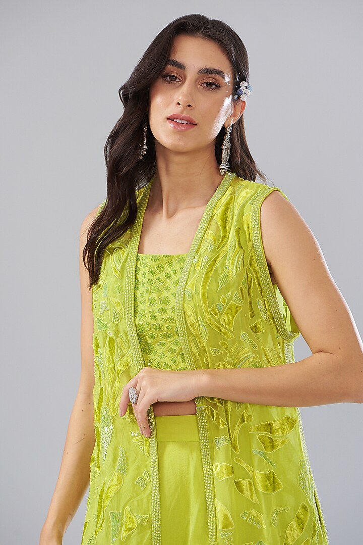 Green Organza Embroidered Jacket Set by Mishru at Pernia's Pop Up Shop