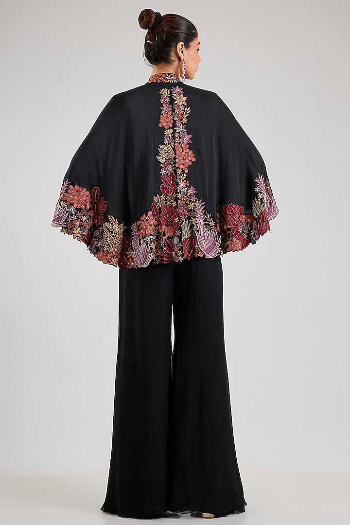 Black Silk Embroidered Kalidar Cape Set by Mishru at Pernia's Pop Up Shop