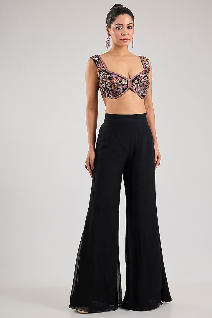 Black Silk Embroidered Kalidar Cape Set by Mishru at Pernia's Pop Up Shop