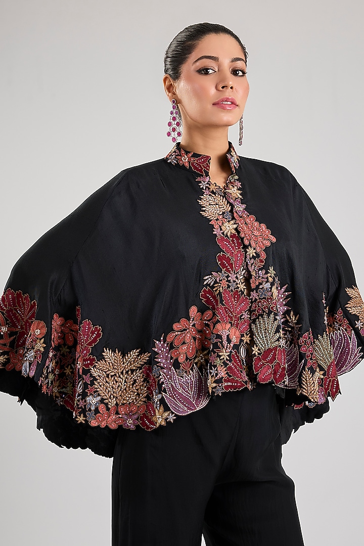 Black Silk Embroidered Kalidar Cape Set by Mishru at Pernia's Pop Up Shop