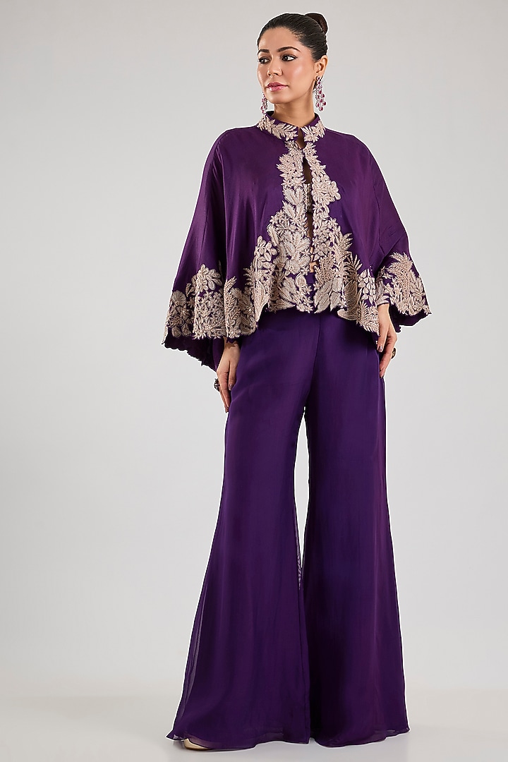 Purple Silk Embroidered Kalidar Cape Set by Mishru at Pernia's Pop Up Shop