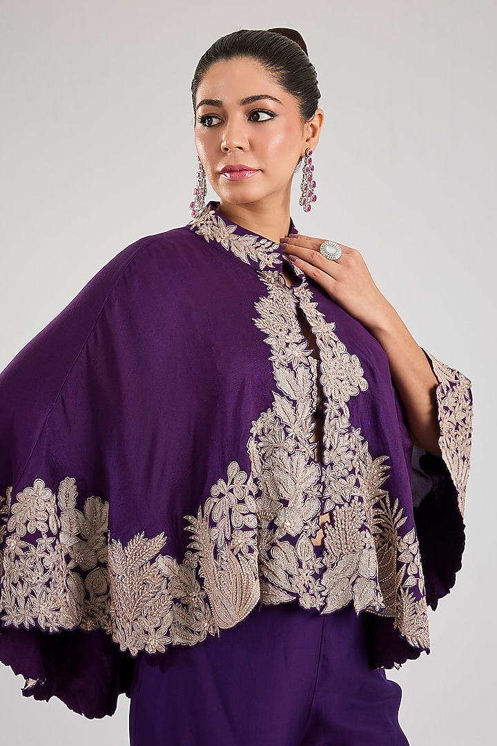 Purple Silk Embroidered Kalidar Cape Set by Mishru at Pernia's Pop Up Shop