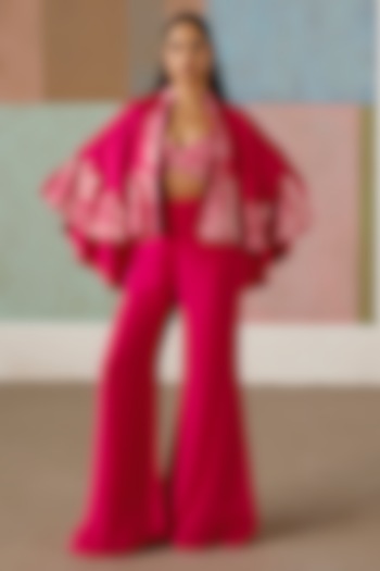 Fuchsia Silk Embroidered Cape Set by Mishru at Pernia's Pop Up Shop