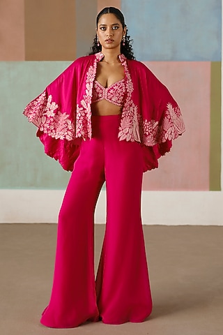 Fuchsia Silk Embroidered Cape Set by Mishru