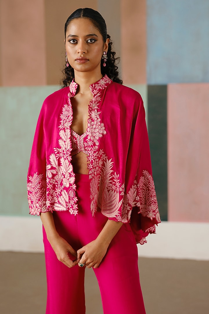 Fuchsia Silk Embroidered Cape Set by Mishru at Pernia's Pop Up Shop