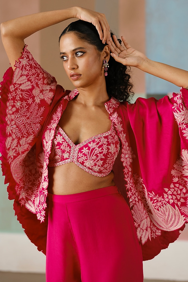 Fuchsia Silk Embroidered Cape Set by Mishru at Pernia's Pop Up Shop